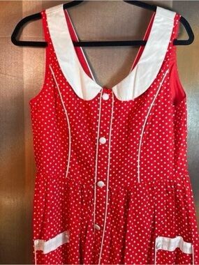Aryeh Red polka dot rockabilly dress with Peter Pan collar. 123. 38” chest